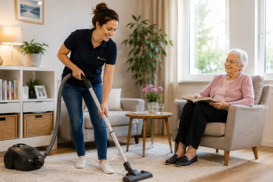 Alltagsbegleiterin saugt das Wohnzimmer, während eine ältere Dame entspannt im Sessel liest