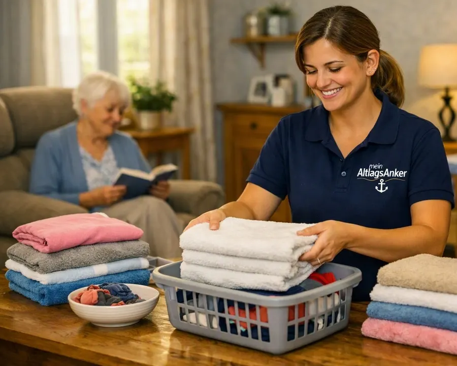 Alltagsbegleiterin im AlltagsAnker-Poloshirt legt frische Wäsche zusammen, im Hintergrund liest eine ältere Dame im Sessel